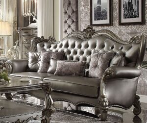 Silver Leather Versailles Sofa With 6 Pillows