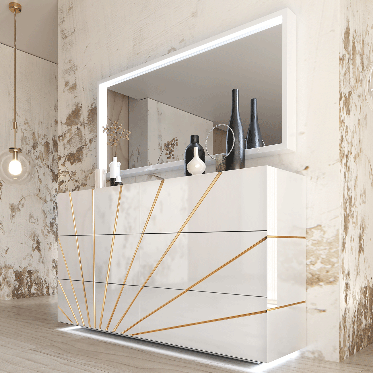 Oro White Double dresser 6 drawers w/light