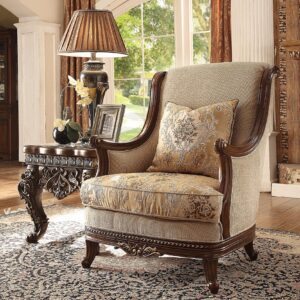 Dark Walnut & Beige Traditional​ Arm Chair Carved Wood by Homey Design HD-92