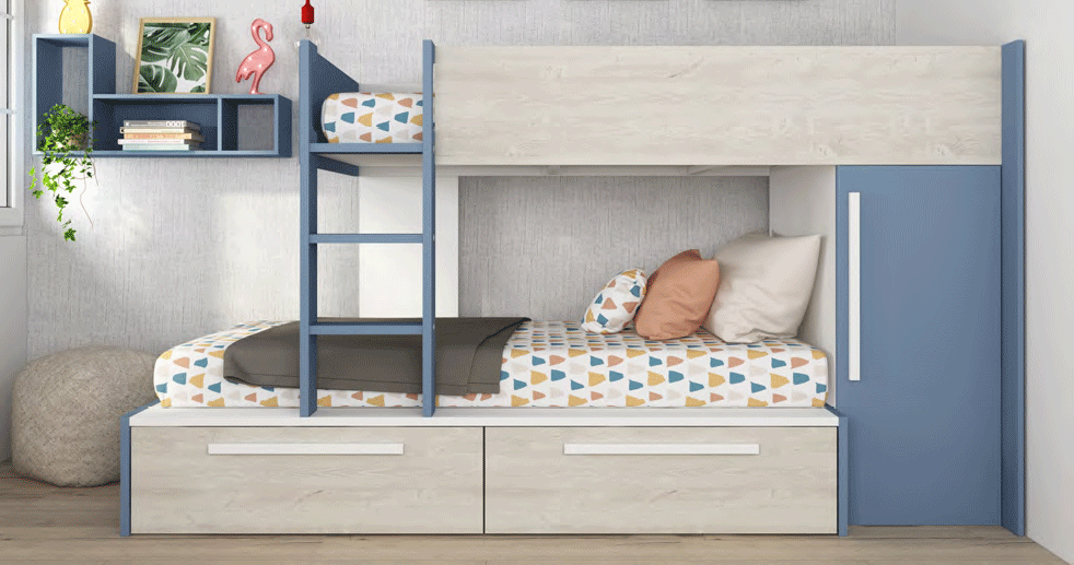 Twin-over-twin bunk bed with open floor space in a shared kids’ bedroom