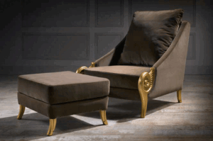 Troya Armchair Finish: Antique Gold on Wood; Upholstery: F6216 Lisboa Chocolate