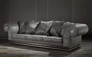 Alba Sofa Finish: Smoke/Silver on Wood; Upholstery: F2390 Chelsea Vison; on Seat and 5 Cushions 70X70 CM; Chelsea Vison F2390 on Pleated Arms