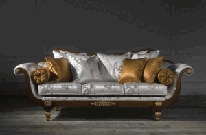 Madona Sofa Finishings: Walnut/Gold on Wood; Upholstery on Body, Seats ,Four 60*60 Loose Cushions with F2231 Saint Germain Marfil; Three 50*50 Loose Cushions and Bolsters F4160 Dijon Dore