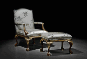 Robles Armchair Finish: Walnut/Oro on Wood; Upholstery: Belgravia Marfil F2330