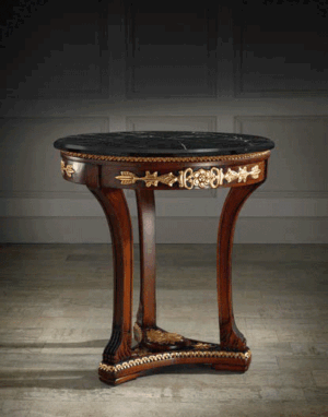 Elisa Pedestal Table Finish: Hazelnut/Gold Wood; Top: Black Marble