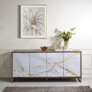 White Marble Print Oak & Champagne Finish Paavan Console Cabinet AC02343 By ACME