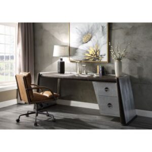 Chocolate Leather & Aluminum Brancaster Executive Writing Desk 92855 by ACME