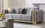 SF3002-S Grey Linen Fabric with Gold Trim Sofa by McFerran