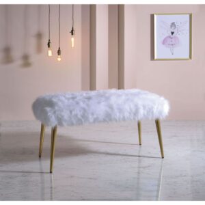 White Faux Fur & Gold Bagley II Bench by ACME
