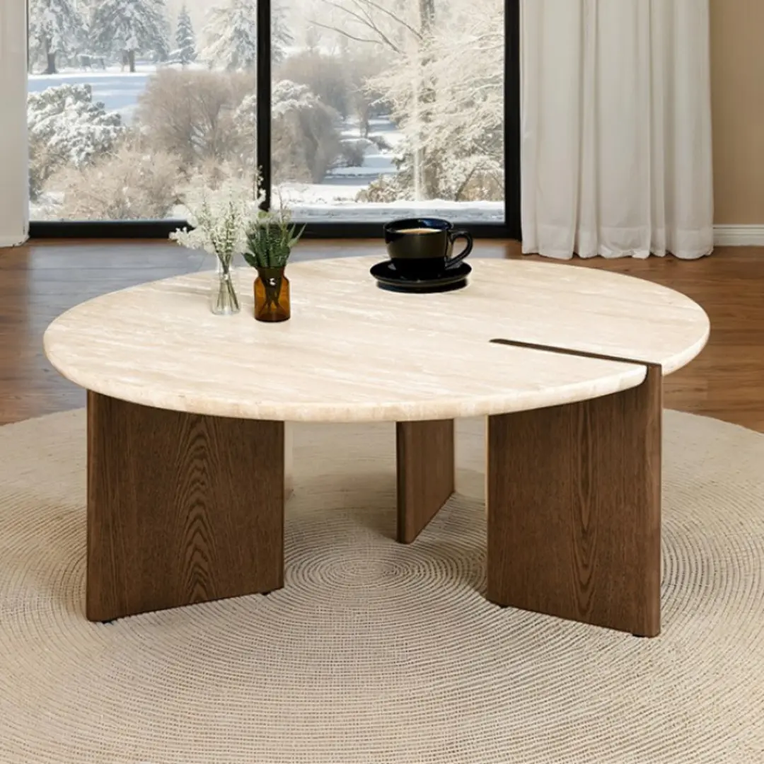 Olney Round Travertine Coffee Table by Furniture of America | U-Trade Furniture Olney Round Travertine Coffee Table by Furniture of America - Image 1