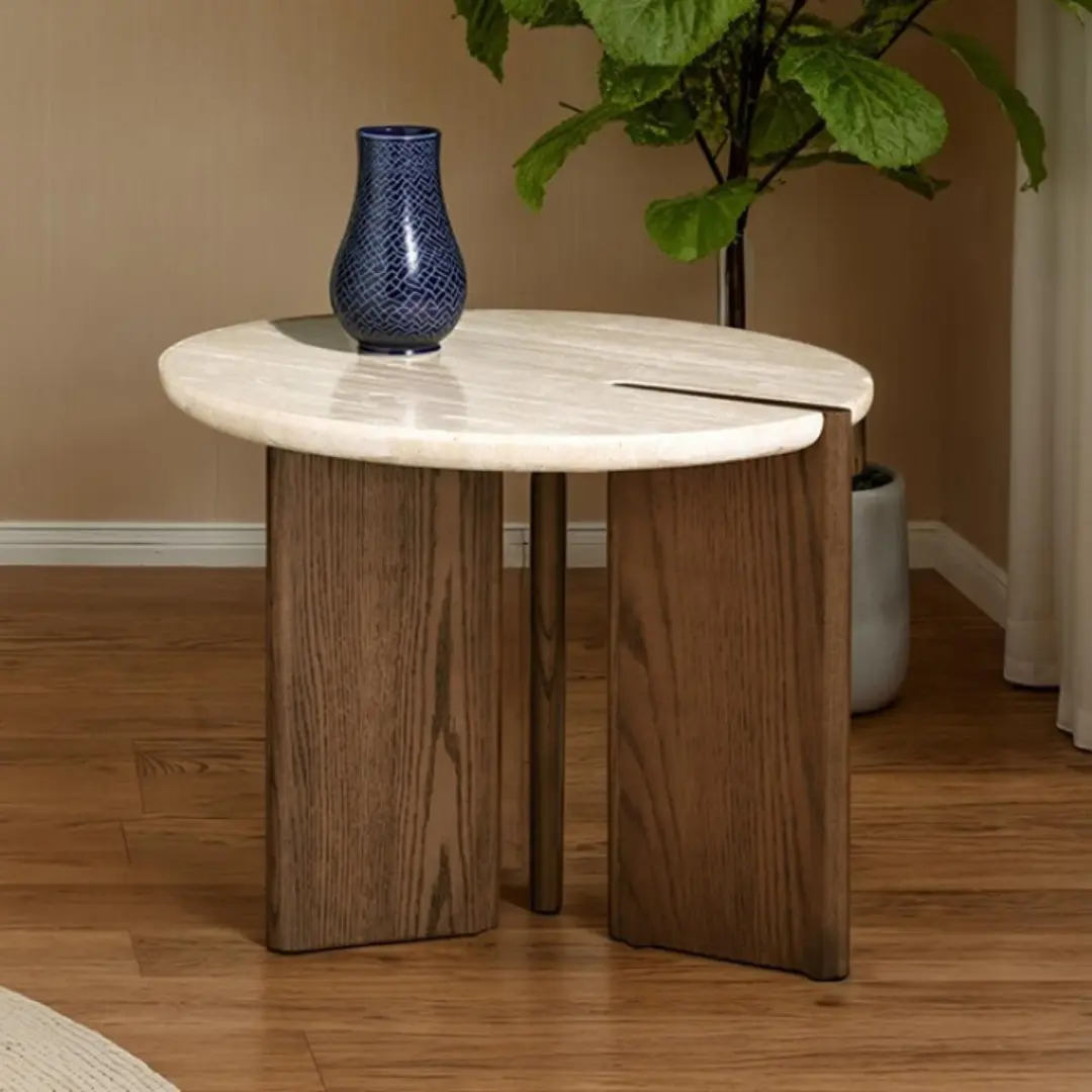 Olney Round Travertine End Table by Furniture of America | U-Trade Furniture Olney Round Travertine End Table by Furniture of America - Image 1