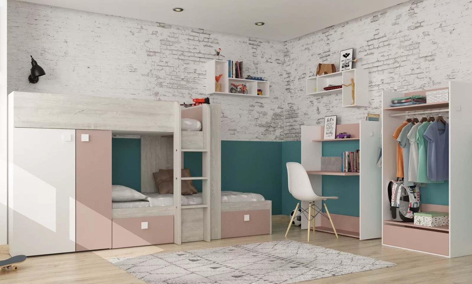 Kids bedroom sets in California with bunk bed, desk and storage furniture