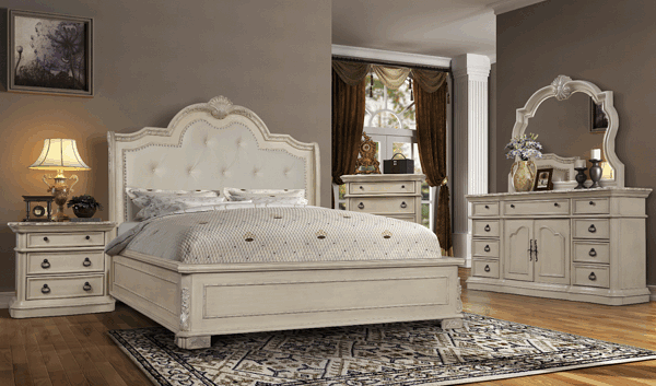 Coordinated bedroom set with a bed, nightstand, and dresser with mirror