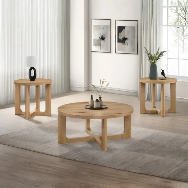 Kessler Sculptural Round Wood Coffee Table Set By Coaster Furniture - Image 9