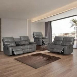 3 Piece Gray Leather Reclining Sofa Set By McFerran