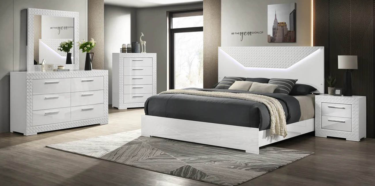 White dresser with matching mirror in a bedroom — affordable dressers in California
