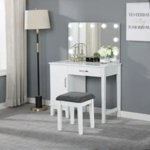 Elijah White Vanity Set with Lighting and Stool By Coaster Furniture