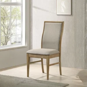 Adina Upholstered Dining Side Chair Set of 2 in Barley Fabric with Distressed Light Brown Wood Finish