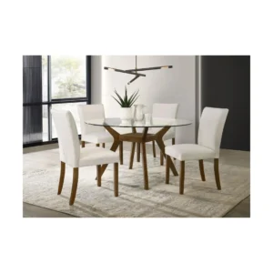 Paxton Brown Glass Dining Set with Round Tempered Glass Table and Four Beige Parsons Chairs