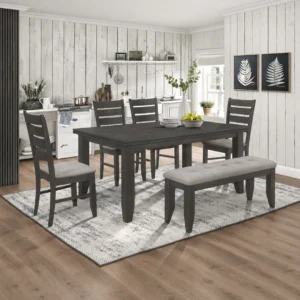 Dalila 6 Piece Dining Set in Dark Gray with Rectangular Table Four Chairs and Bench