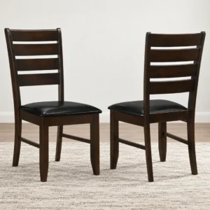 Dalila Brown Dining Chairs Set of 2 with Black Faux Leather Seats and Ladder Backs