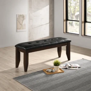 Dalila Brown Dining Bench with Black Button Tufted Faux Leather Seat
