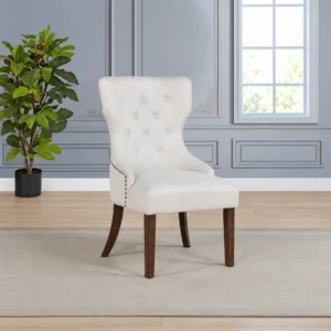 Baney Beige Dining Chair with Button Tufted Wingback and Brown Wood Legs