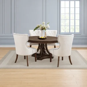 Ridgewell 5 Piece Dining Set with Round Brown Pedestal Table and Four Beige Upholstered Chairs