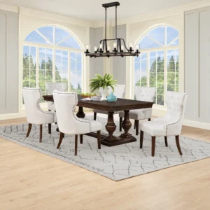 Ridgewell 7 Piece Dining Set with Brown Extendable Table and Six Beige Upholstered Chairs