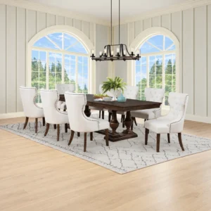 Ridgewell 9 Piece Dining Set with Brown Trestle Table and Eight Beige Upholstered Chairs