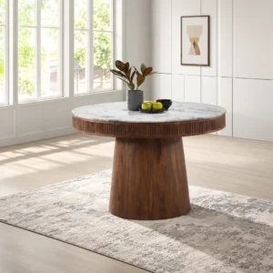 Ortega Round Marble Dining Table with White Top and Brown Fluted Mango Wood Pedestal