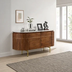 Ortega Brown Marble Sideboard with White Marble Top and Four Fluted Cabinet Doors