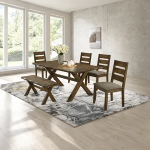 Alston 6 Piece Dining Set with Brown Table Bench and Four Chairs